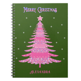 Caderno Espiral Cor-de-rosa da árvore de Natal Verde personalizado