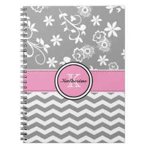 Caderno espiral cor-de-rosa floral cinzento de