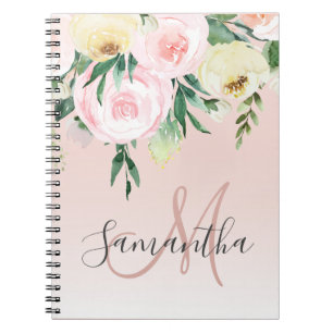 Caderno Espiral Cor-de-rosa moderno e flores com nome