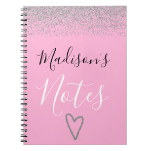Caderno Espiral Cora Rosa e Brilho Prateado Corações Notas