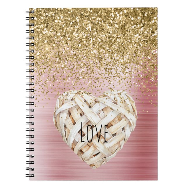 Caderno Espiral Coração Branco com Brilho Dourado (Frente)