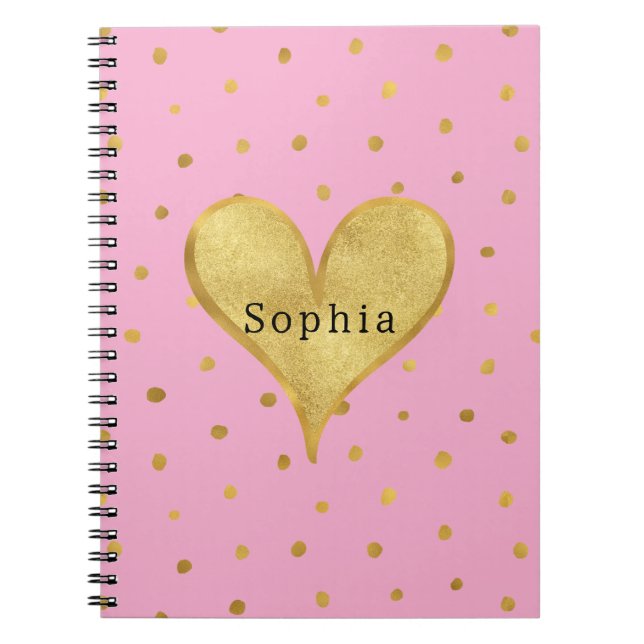Caderno Espiral Coração com Pontos de Ouro Rosa (Frente)