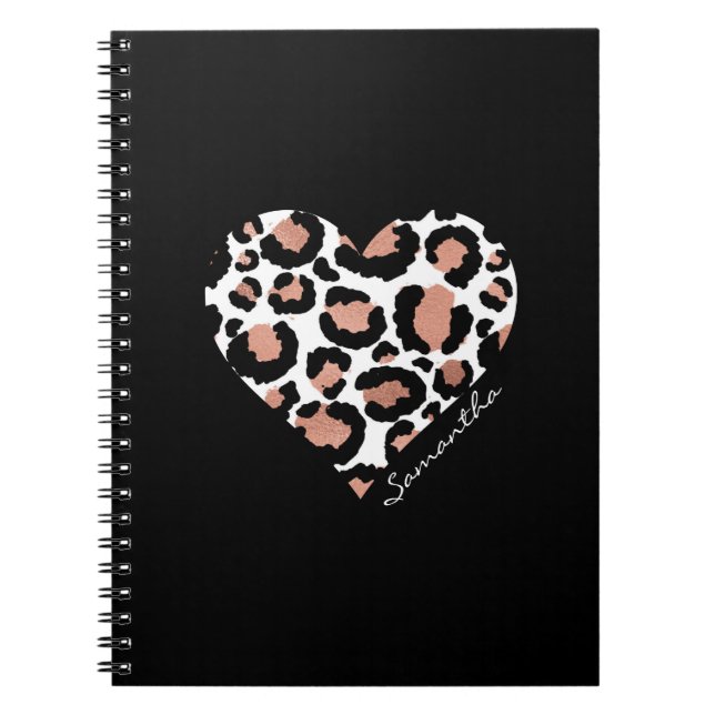 Caderno Espiral Coração de Padrão Leopardo Personalizado Elegante (Frente)