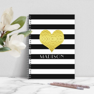 Caderno Espiral Coração Dourado Preto e Branco Moderno
