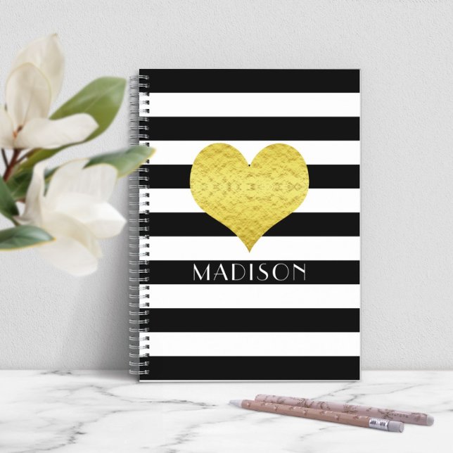 Caderno Espiral Coração Dourado Preto e Branco Moderno (Modern Black And White Gold Heart Notebook)