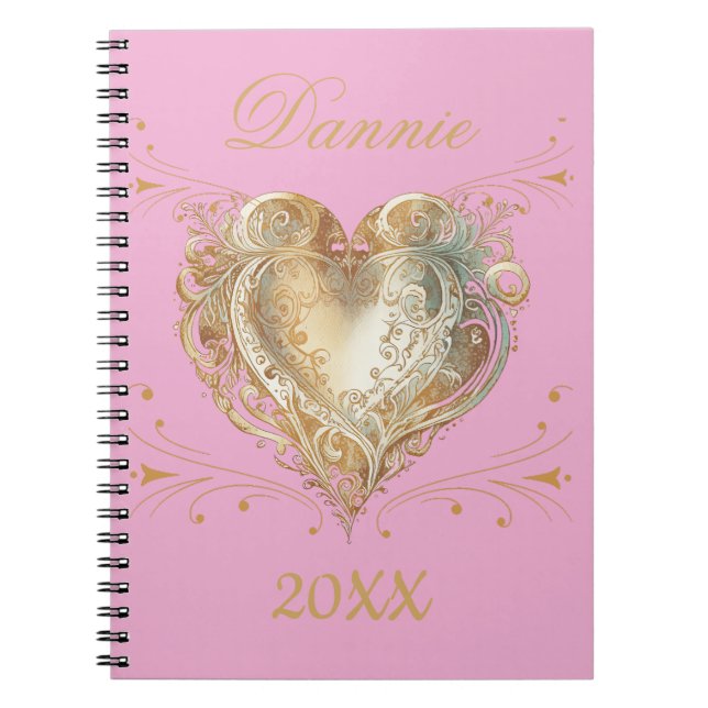 Caderno Espiral Coração Elegante em Rosa e Dourado Personalizado (Frente)
