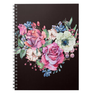 Caderno Espiral Coração floral de aquarelas: rosas de colheita.