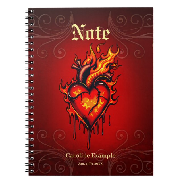 Caderno Espiral Coração inflamável. (Frente)