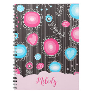 Caderno Espiral Corações azuis e flores, cor-de-rosa-branca, nome