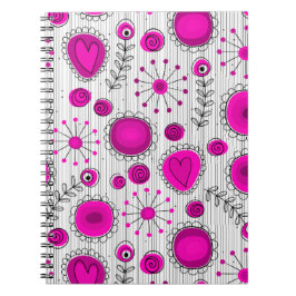 Caderno Espiral Corações brancos e flores, cor-de-rosa-branca, que