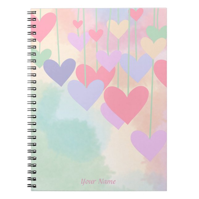 Caderno Espiral Corações Cor de Água Púrpura Rosa Personalizada (Frente)
