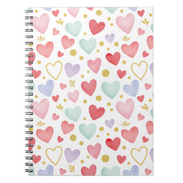 Caderno Espiral Corações de Aquarela Pastel com Folha de Ouro e Pu