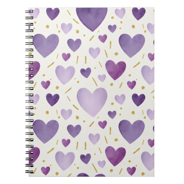 Caderno Espiral Corações de Aquarela Roxa Real (Frente)