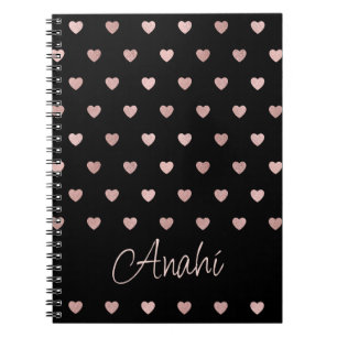 Caderno Espiral Corações de Bolinhas Dourada preto personalizados