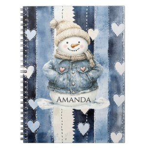 Caderno Espiral Corações de Boneco de Neve de Jeans Azul