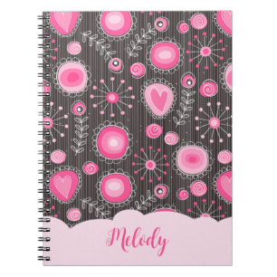 Caderno Espiral Corações de cinzas brancas e flores, cor-de-rosa,