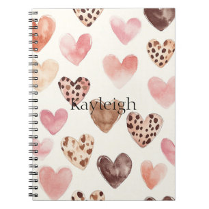 Caderno Espiral Corações de Impressão do Leopardo Castanho Rosa