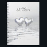 Caderno Espiral Corações do Aniversário de Prata<br><div class="desc">Notebook com meu trabalho de arte prateado de 2 corações prateados flutuando na água. O texto personalizável diz "25 anos".</div>