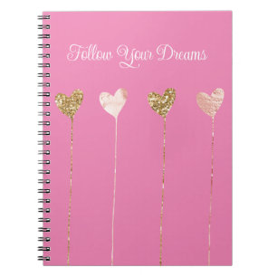 Caderno Espiral Corações Douradas de Corações de Glama Rosa-Rosa