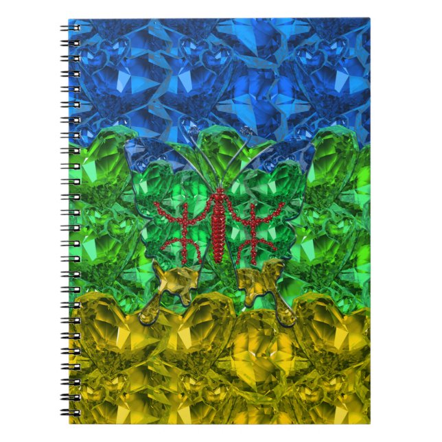 Caderno Espiral Corações e borboletas ao fundo da bandeira Amazigh (Frente)