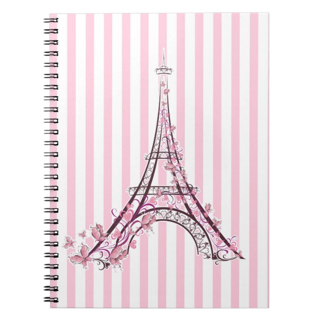 Caderno Espiral Corações e Borboletas Rosa Torre Eiffel Paris (Frente)