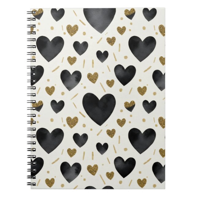 Caderno Espiral Corações em Aquarela Preta Chic (Frente)
