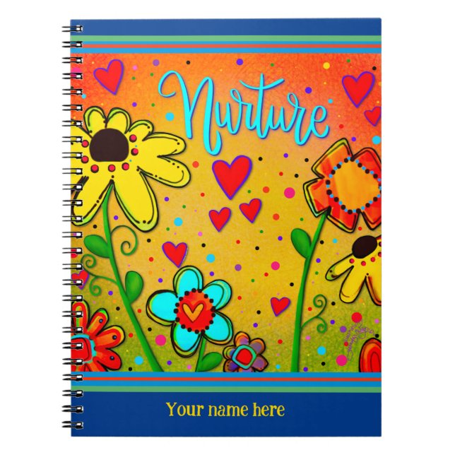 Caderno Espiral Corações Florais Personalizados Divertido Amarelo  (Frente)