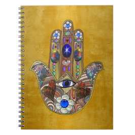 Caderno Espiral Corações Hamsa Flores Opala Arte em Ouro