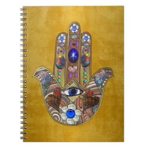Caderno Espiral Corações Hamsa Flores Opala Arte em Ouro