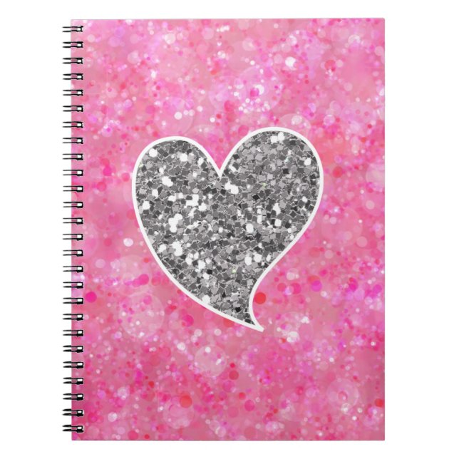 Caderno Espiral Corações Luminosas Prateadas e Rosa (Frente)