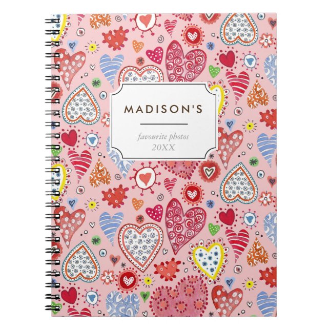 Caderno Espiral Corações Namorados bonitos adoram padrões cor-de-r (Frente)