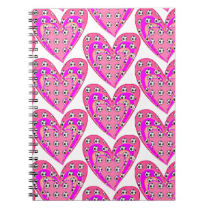 Caderno Espiral Corações Rosa E Bolas De Futebol