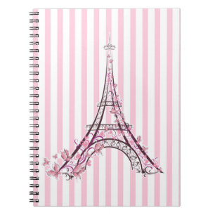 Caderno Espiral Corações Rosa e Borboletas Paris Torre Eiffel