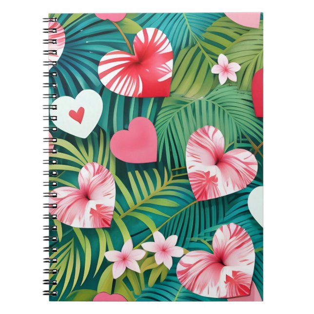 Caderno Espiral Corações simples e folhagem tropical (Frente)