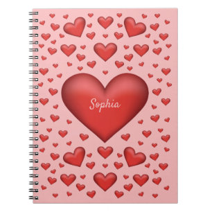 Caderno Espiral Corações Vermelhos com Texto Personalizável