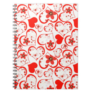 Caderno Espiral Corações vermelhos e flores em branco