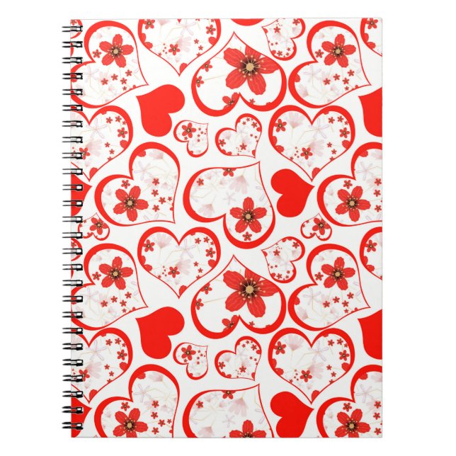 Caderno Espiral Corações vermelhos e flores em branco (Frente)