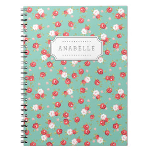 Caderno Espiral Coral e Aqua Chic Vintage Floral Impressão Monogra
