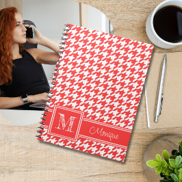 Caderno Espiral Coral Red White Houndstooth | Monograma Moderno