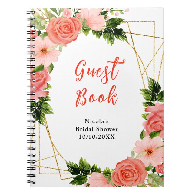 Caderno Espiral Coral Roses with Foliage Bridal Shower Guest Book (Frente)