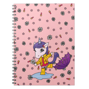 Caderno Espiral Coral Simples e Bonito Unicorno Floral no Raincoat