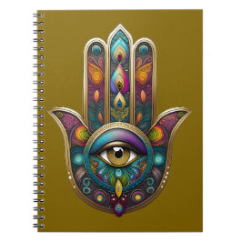 Caderno Espiral Cores de Pavão Hamsa com Terceiro Olho Dourado