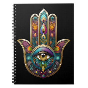 Caderno Espiral Cores de Pavão Hamsa com Terceiro Olho Dourado