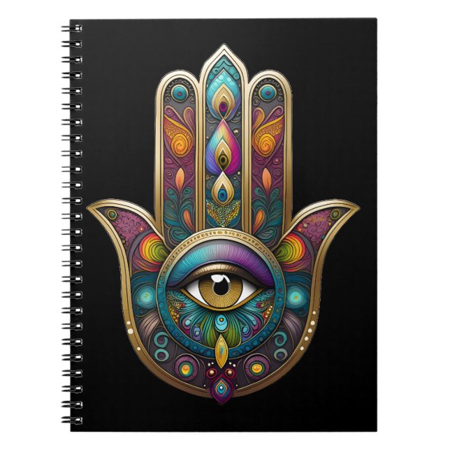 Caderno Espiral Cores de Pavão Hamsa com Terceiro Olho Dourado (Frente)