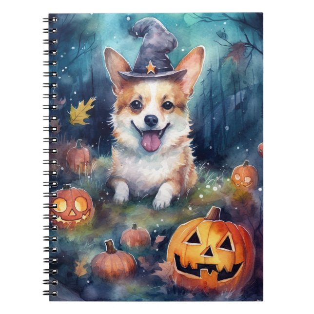 Caderno Espiral Corgi de Halloween com Abóboras Assustador (Frente)