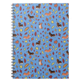 Caderno Espiral Corgi Fall Leaves Blue Plain Notebook