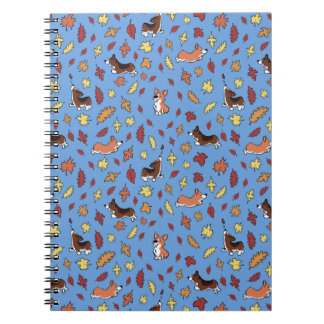 Caderno Espiral Corgi Fall Leaves Blue Plain Notebook