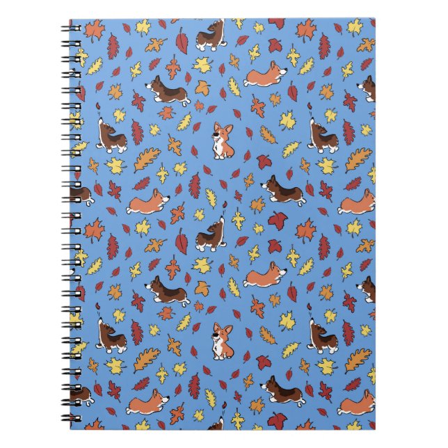 Caderno Espiral Corgi Fall Leaves Blue Plain Notebook (Frente)