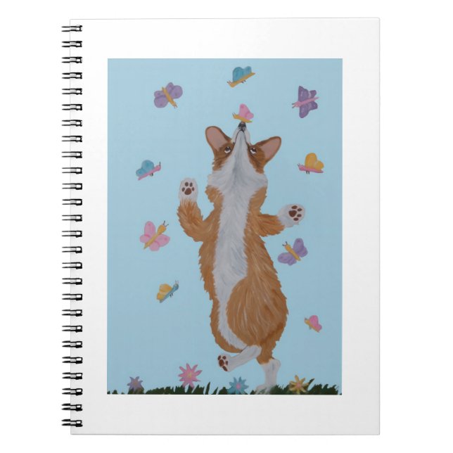 Caderno Espiral Corgi Galês Dançando com Borboletas (Frente)