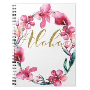 Caderno Espiral Coroa de Flores de Hibisco Floral de Verão Aloha